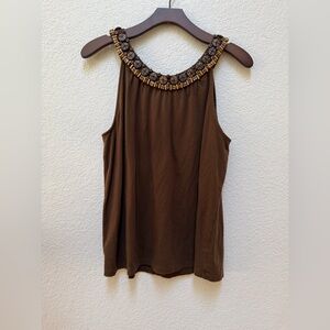 Talbots Brown Embellished Tank Top Wood Bead Boho Sleeveless Blouse L
